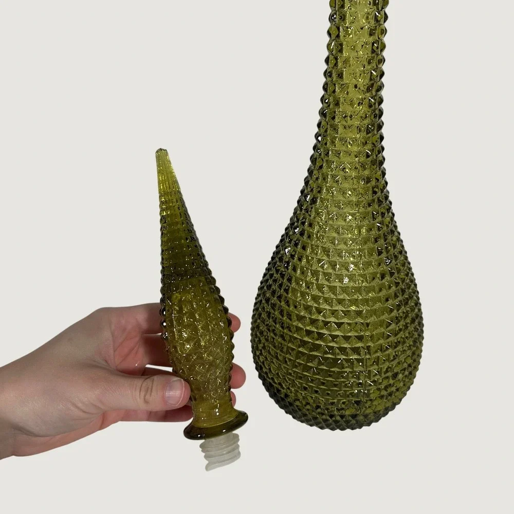 Vintage Empoli Italian Olive Green Glass Genie Bottle Decanter Diamond‎ Hobnail